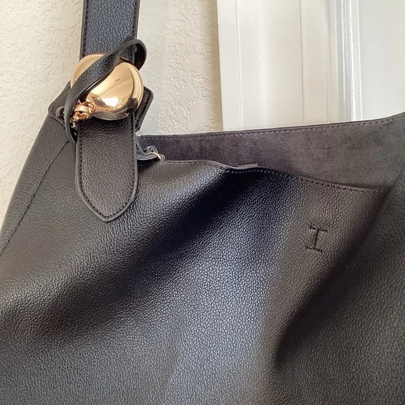 Anthropologie Slouchy Faux-Leather Tote NWOT Black Gold Knob - Picture 7 of 11